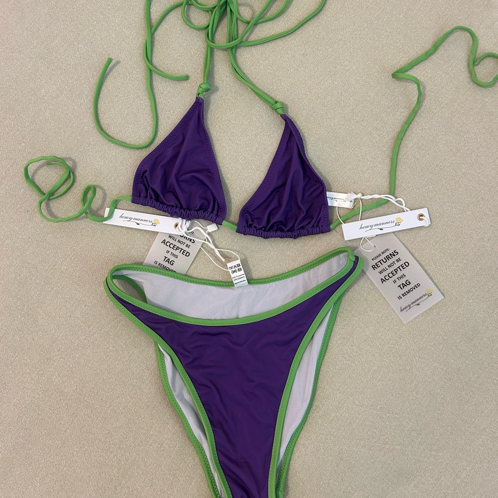 Heavy Manners Purple and Green Bikini Set with Adjustable Straps